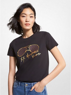 Michael Kors Logo Aviator Print Organic Baumwoll T-shirts Damen Schwarz | 640358-LOY