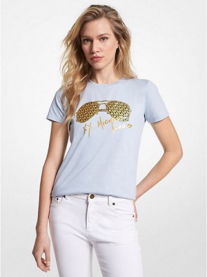 Michael Kors Metallic Logo Aviator Print Organic Baumwoll T-shirts Damen Blau Gold | 271835-TPR